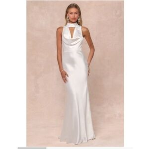 Lulus White Satin High Neck Cutout Cowl Open Back Maxi Gown Size Small